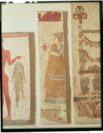 Três fragmentos de pintura de parede: o "Pescador", a "Sacerdotisa" e um "Ikrion", removidos da Casa Ocidental em Akrotiri, na ilha de Thera, c.1500 aC (pintura mural sobre gesso) de Minoan